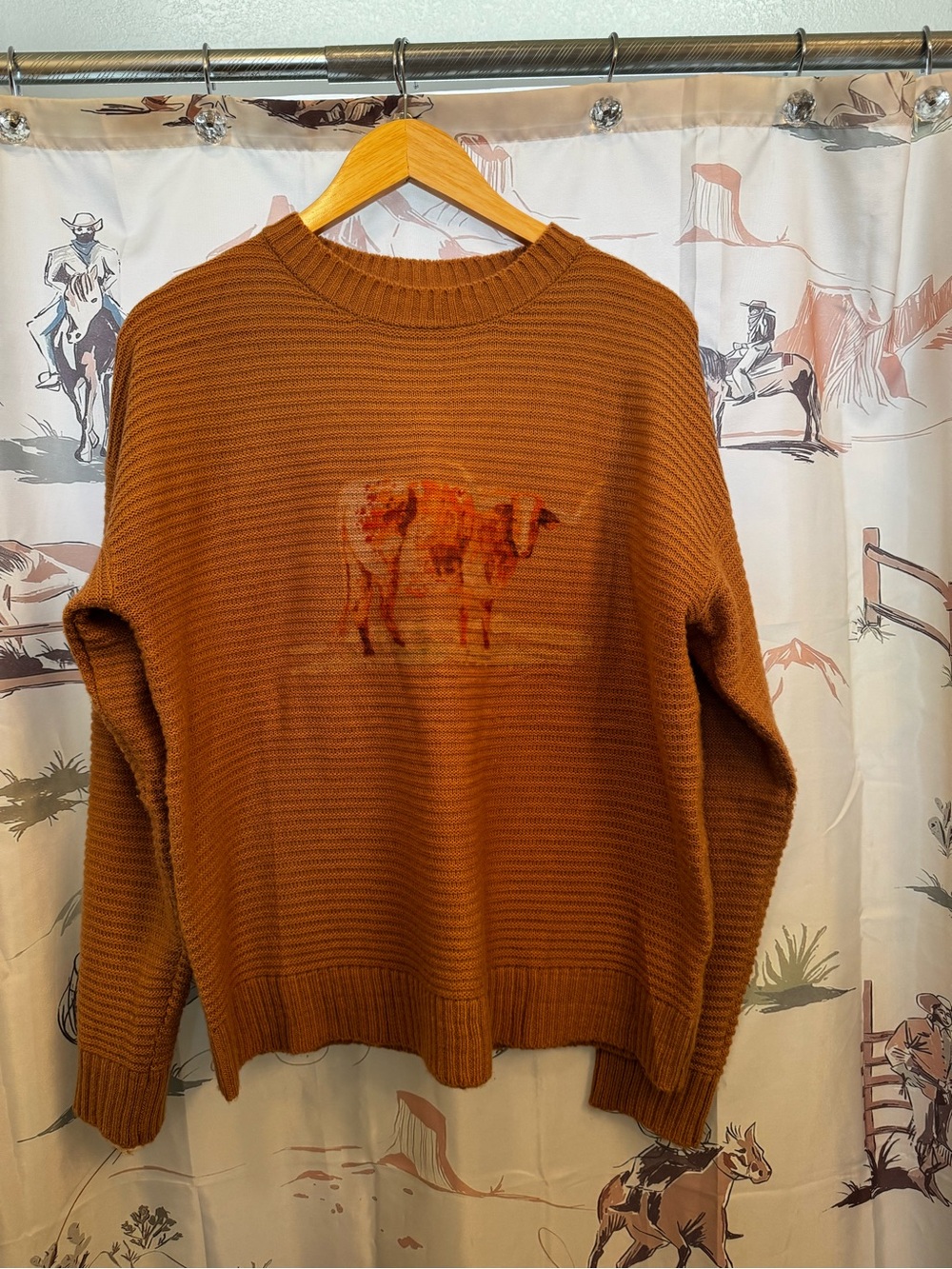 Women’s Rust Brown Crewneck Sweater with Cow Motif